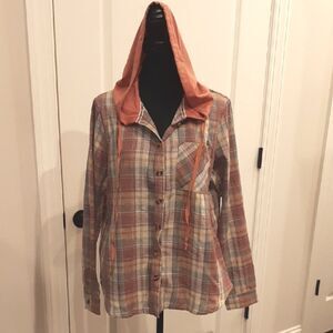 Hooded Button Down Shirt with Rust Hood and Rose Plaid